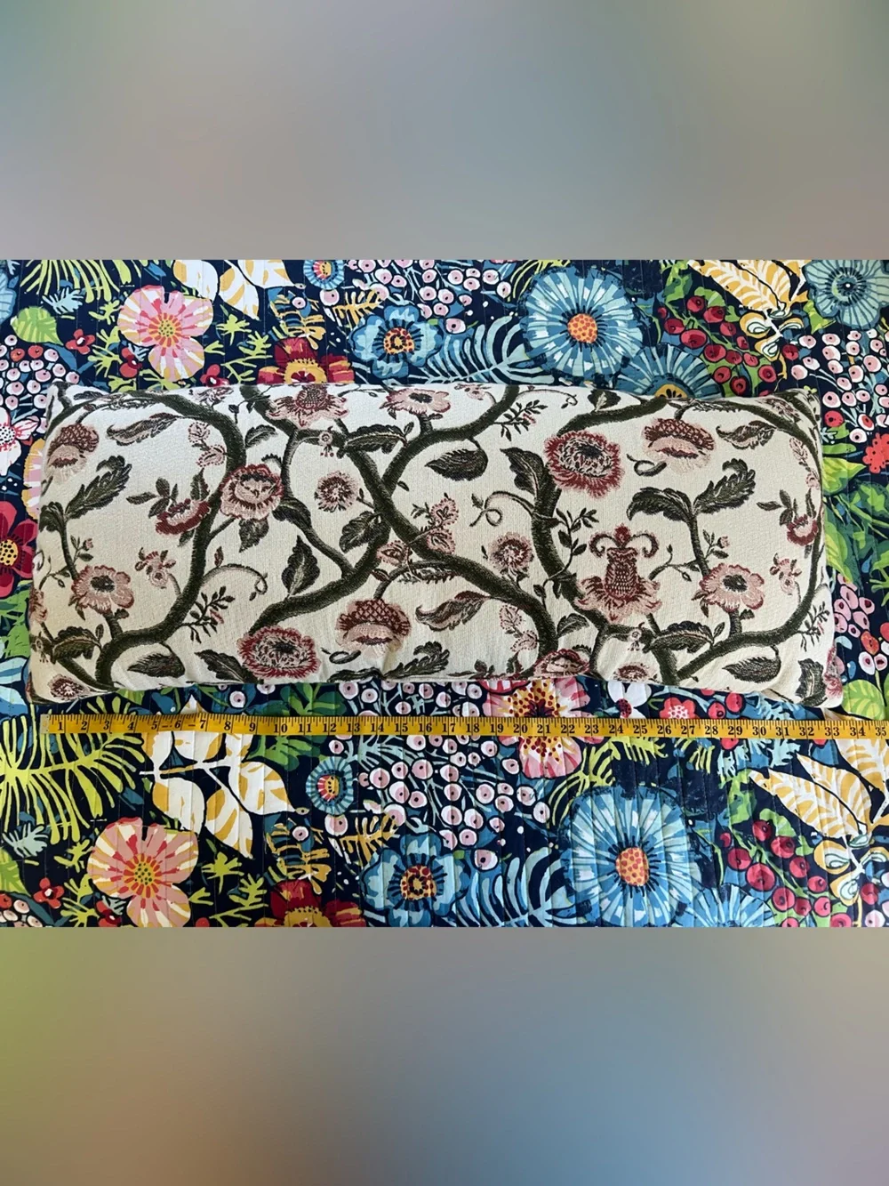 Embroidered Lumbar Pillow - Cream, Rose and Olive Floral Tapestry